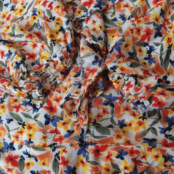 DEMOCRACY Blouse Top Shirt Size‎ XL Boho Floral Ruffled V-Neck Yellow Blue - Picture 2 of 10